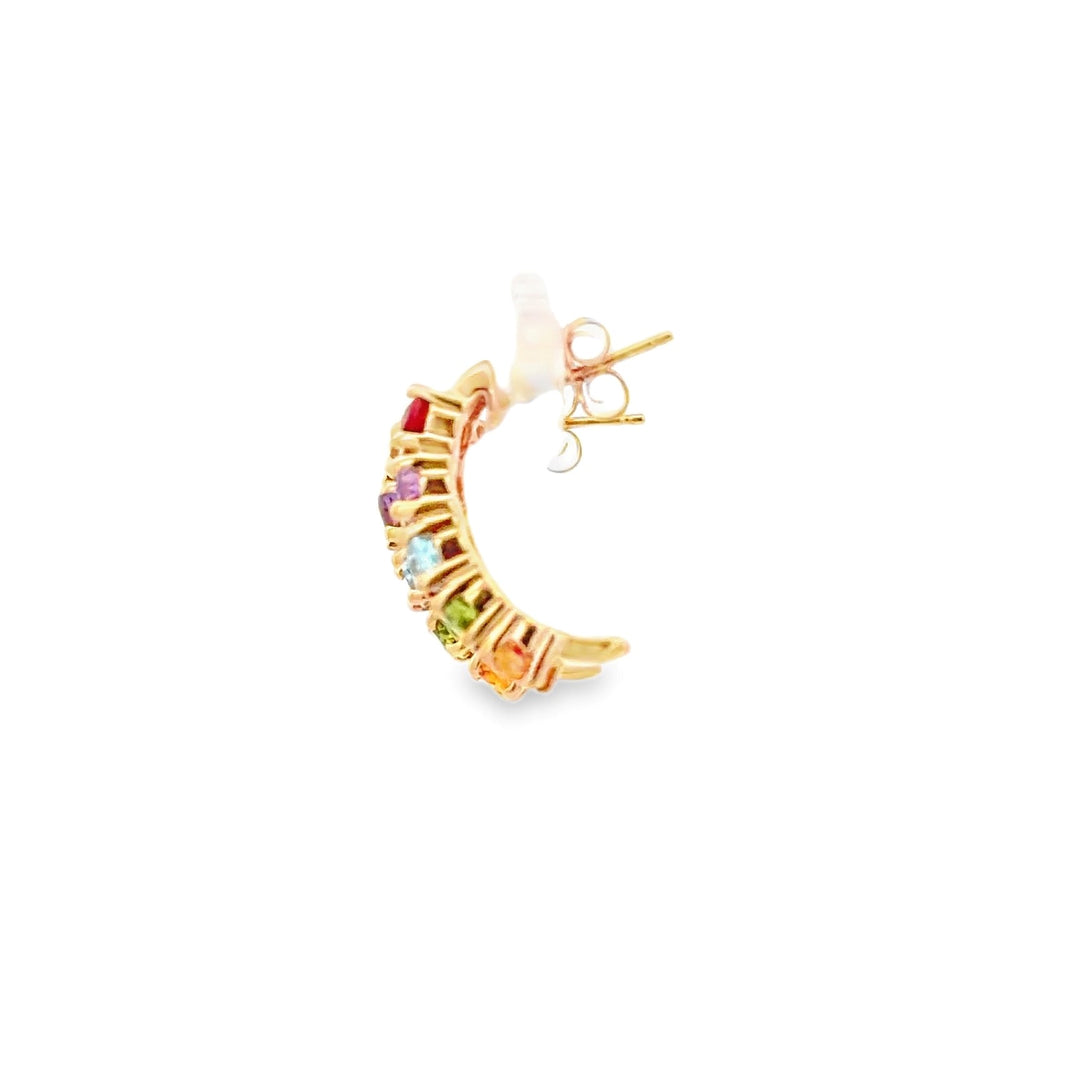 Estate 14K Yellow Gold Rainbow Gemstone Half Hoop Earrings