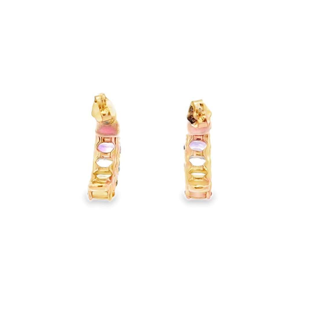 Estate 14K Yellow Gold Rainbow Gemstone Half Hoop Earrings