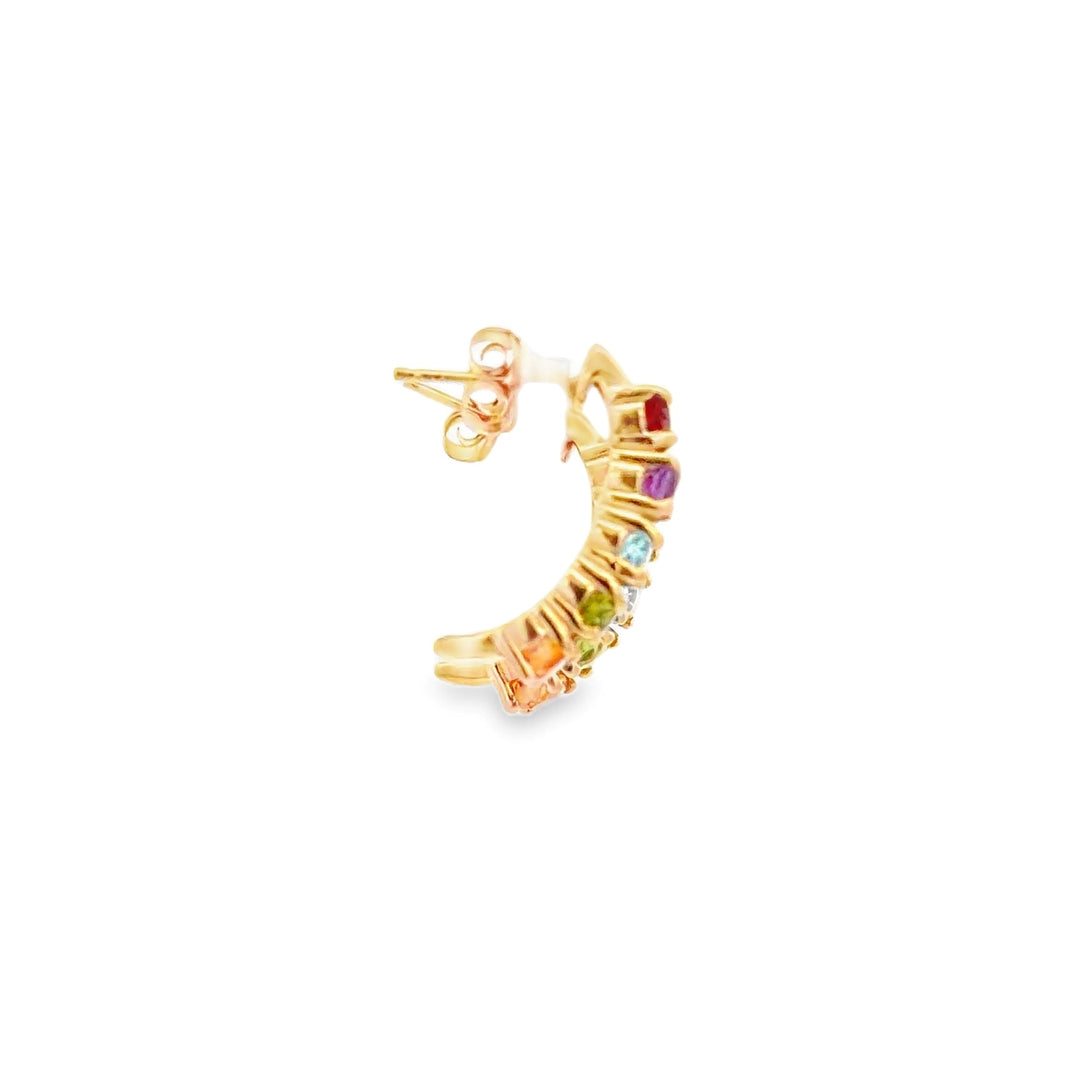 Estate 14K Yellow Gold Rainbow Gemstone Half Hoop Earrings