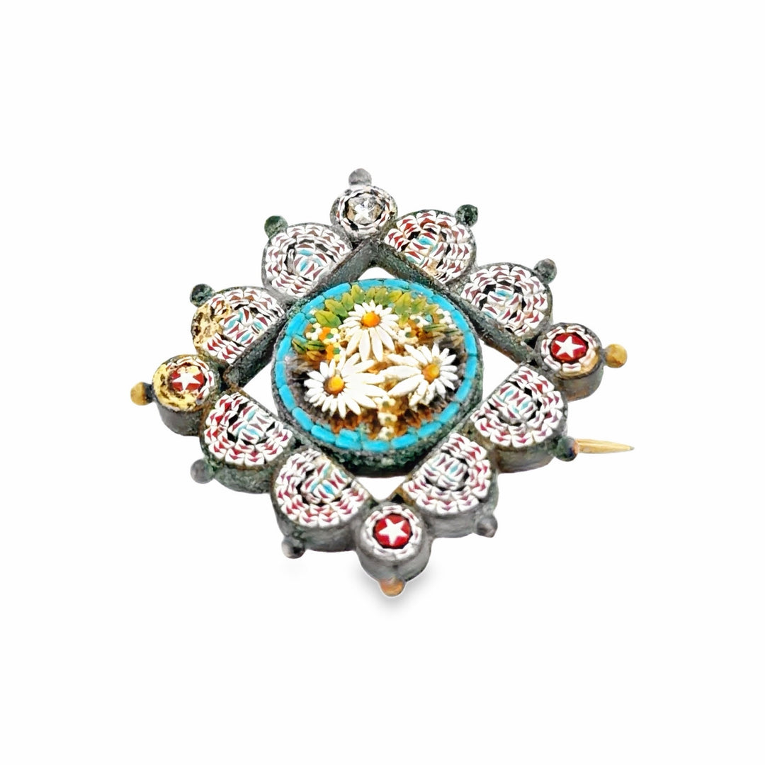 Estate Victorian Floral Micro Mosaic Brass Brooch