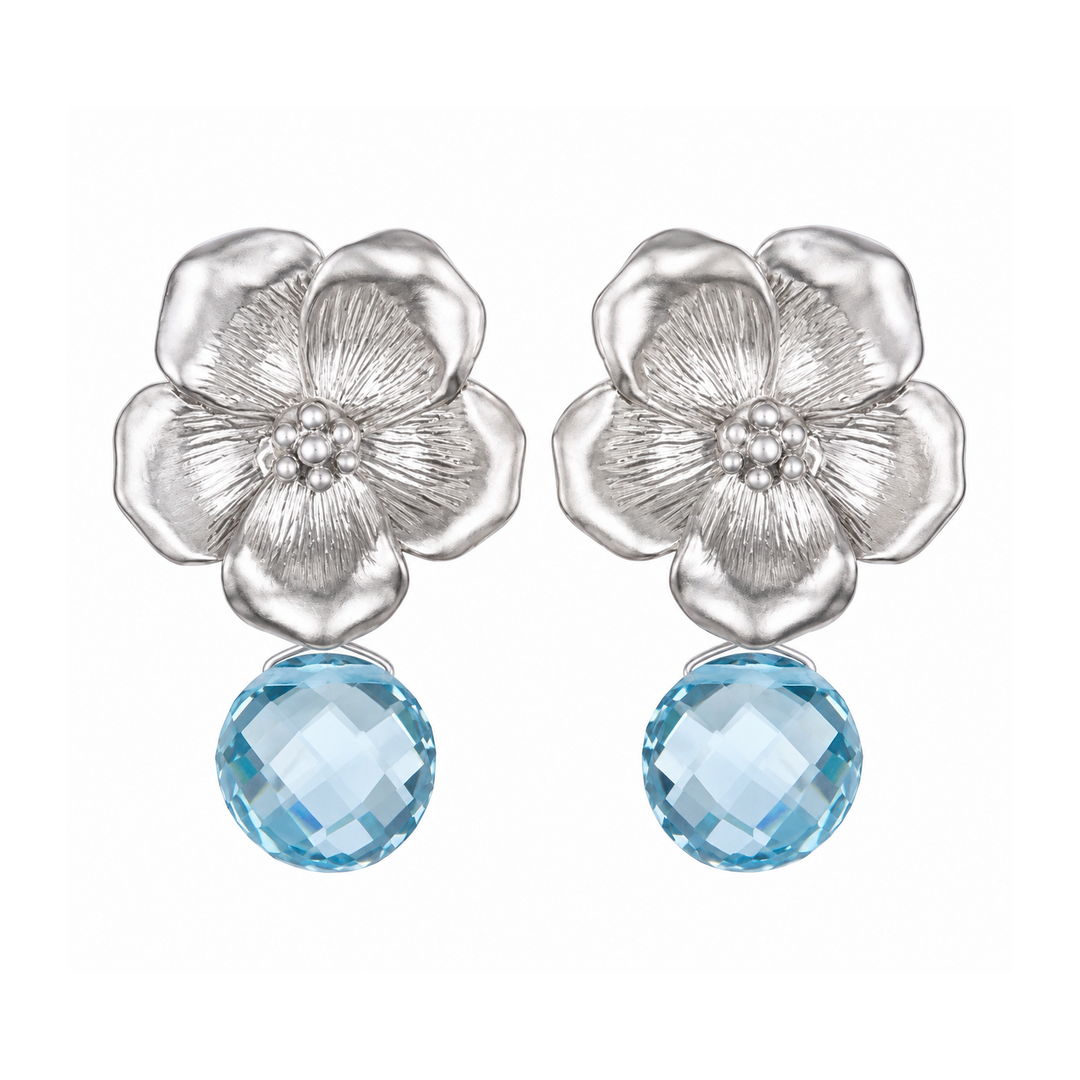 Silver Plated Blue Topaz Flower Drop Earrings