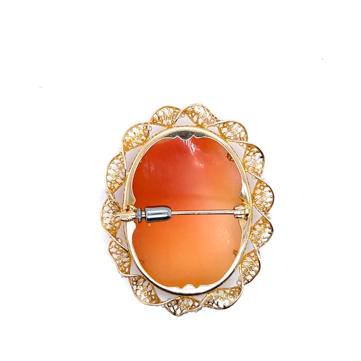 Estate 10K Yellow Gold Shell Cameo & Seed Pearl Antique Brooch