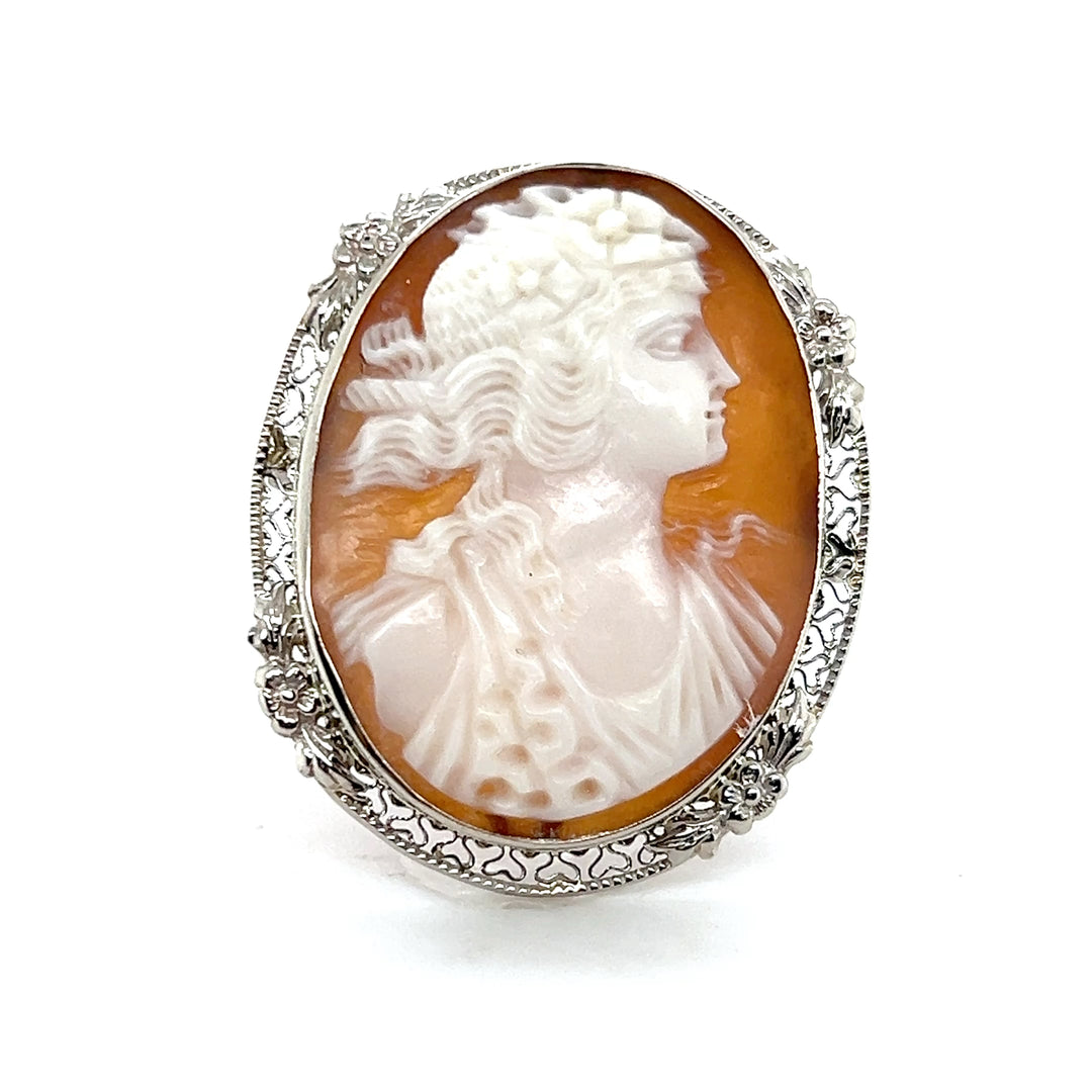 Estate 14K White Gold Shell Cameo Art Deco Brooch/Pendant