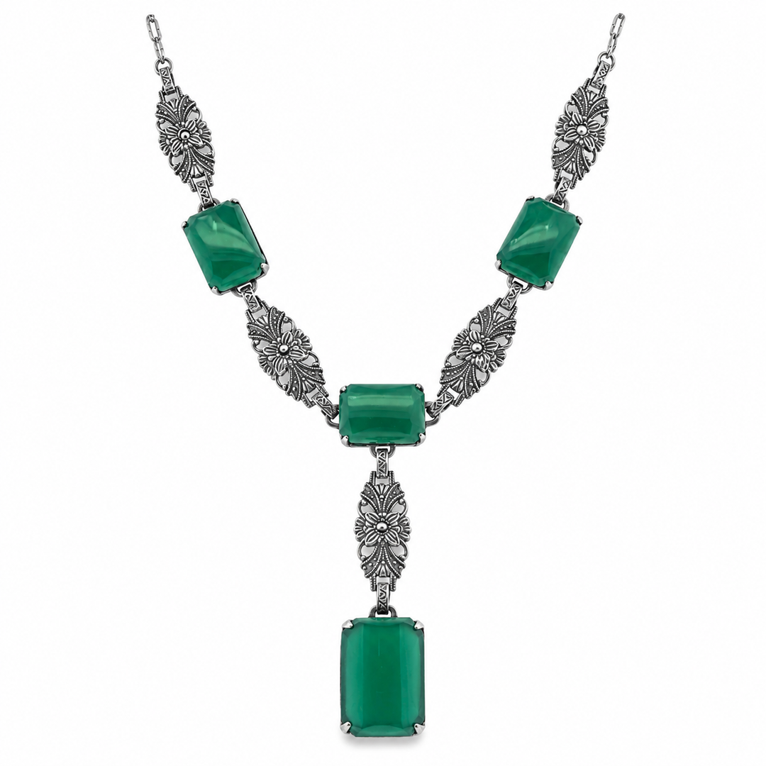 Estate Sterling Silver Dyed Green Chalcedony and Marcasite Art Deco Necklace