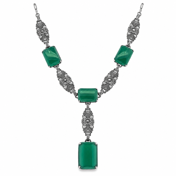Estate Sterling Silver Dyed Green Chalcedony and Marcasite Art Deco Necklace