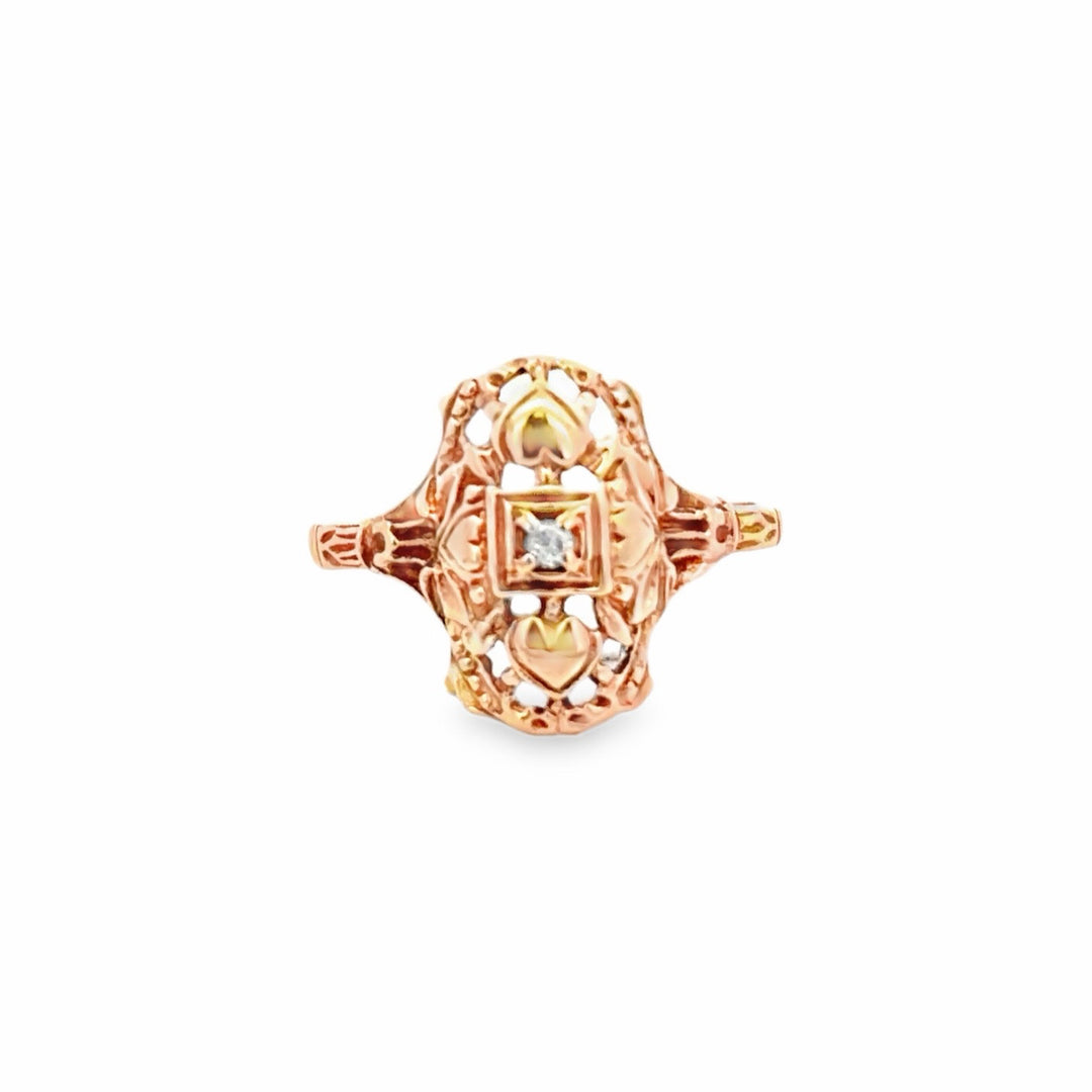 Estate 14K Yellow Gold Art Deco Double Heart Diamond Ring