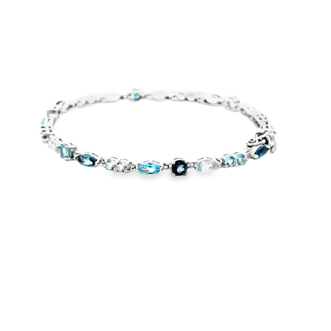 Estate Sterling Silver 7.5CTW Multi Blue Topaz Link Bracelet