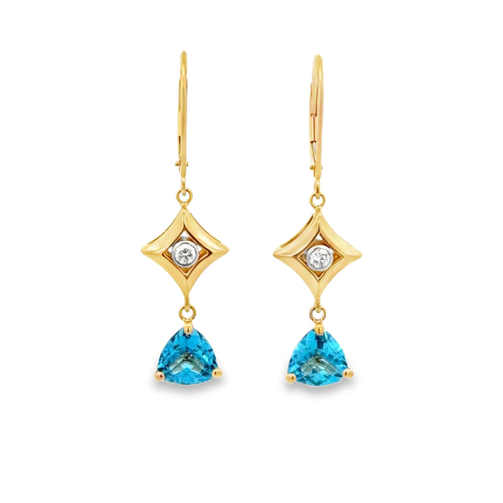Estate 18K Yellow Gold Blue Topaz & Diamond Star Dangle Earrings