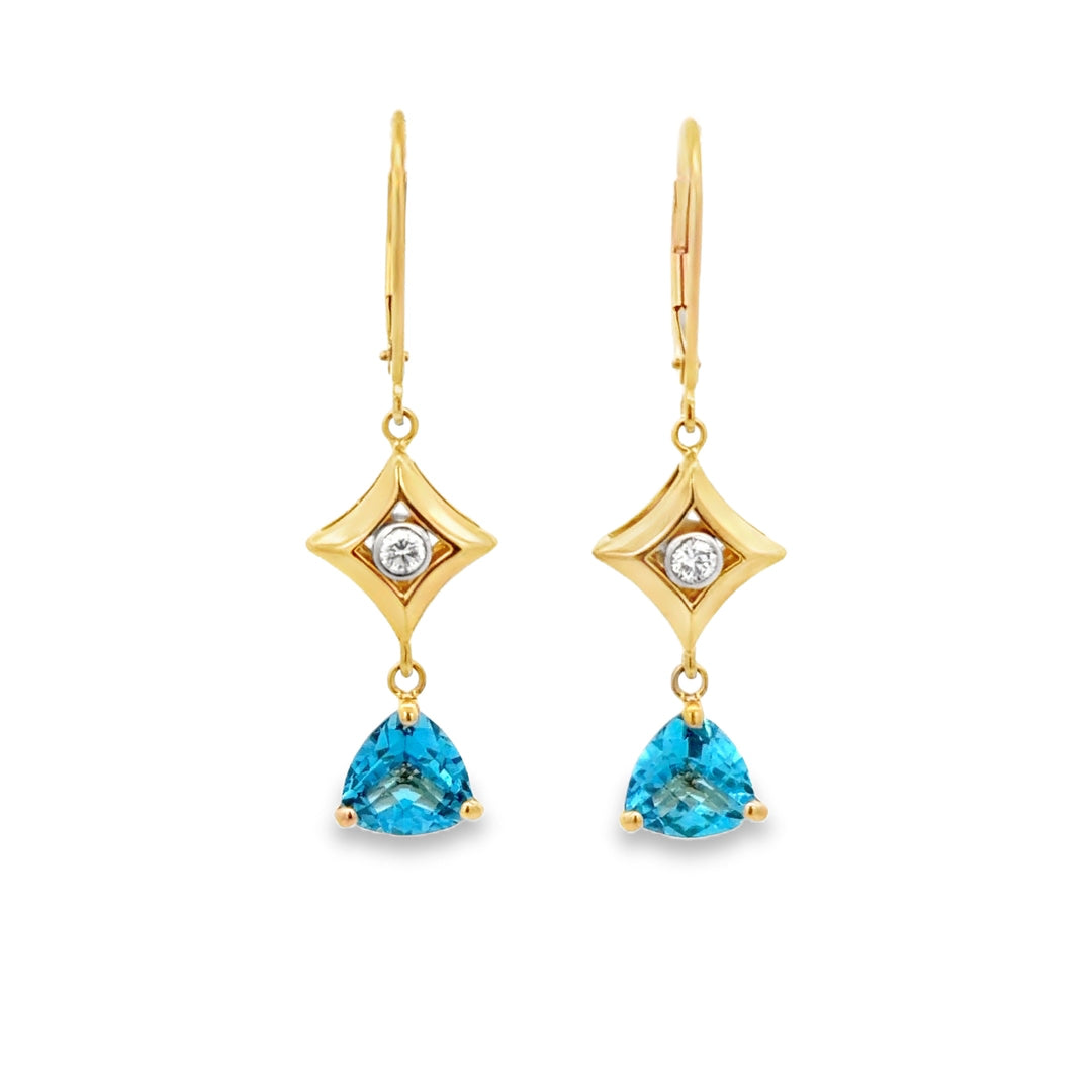 Estate 18K Yellow Gold 4.56CTW Blue Topaz & Diamond Star Dangle Earrings