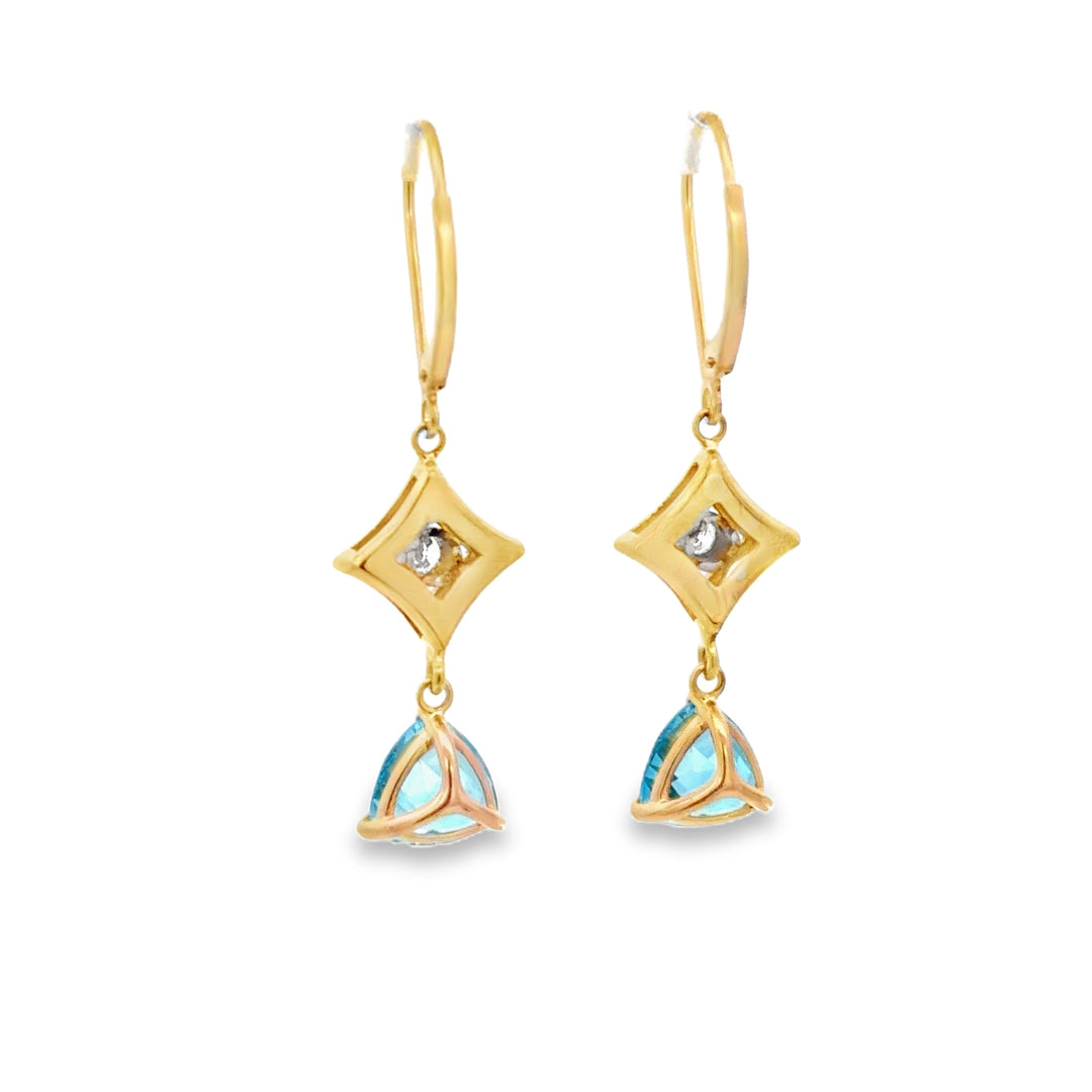 Estate 18K Yellow Gold Blue Topaz & Diamond Star Dangle Earrings