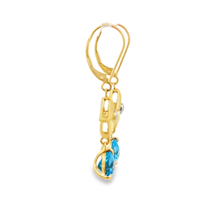 Estate 18K Yellow Gold Blue Topaz & Diamond Star Dangle Earrings