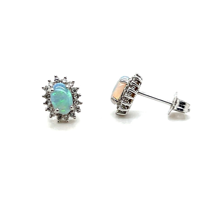 Estate 14K White Gold 1.16CTW Oval Opal Halo Stud Earrings