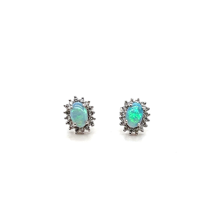 Estate 14k White Gold 0.74tcw Opal and 0.42tcw Diamond Cluster Earrings, 1990s