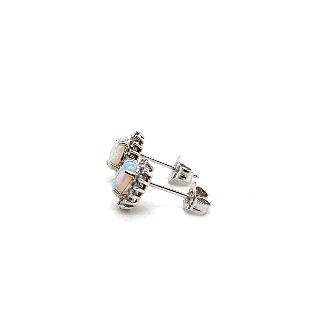 Estate 14k White Gold 0.74tcw Opal and 0.42tcw Diamond Cluster Earrings, 1990s