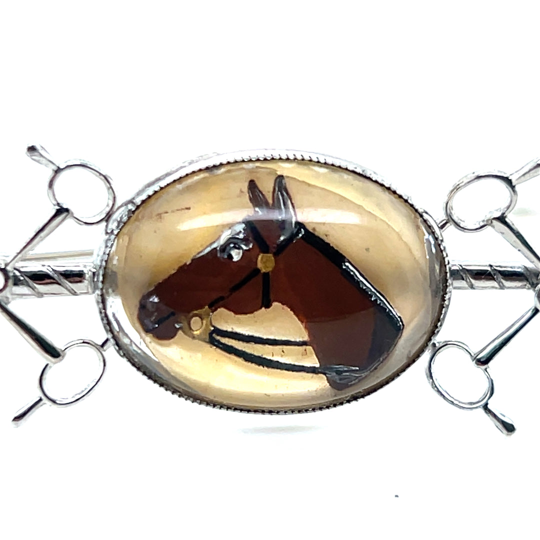 Estate Sterling Silver Essex Crystal Horse Head Pin with Mother of Pearl Back, 1960s