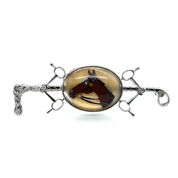 Estate Sterling Silver Essex Crystal Horse Head Pin with Mother of Pearl Back, 1960s