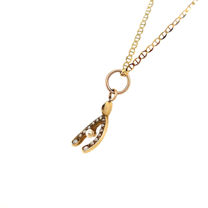 Estate 14k Yellow Gold Seed Pearl Wishbone Charm Pendant, H.A. Kirby, Edwardian Stick Pin Conversion