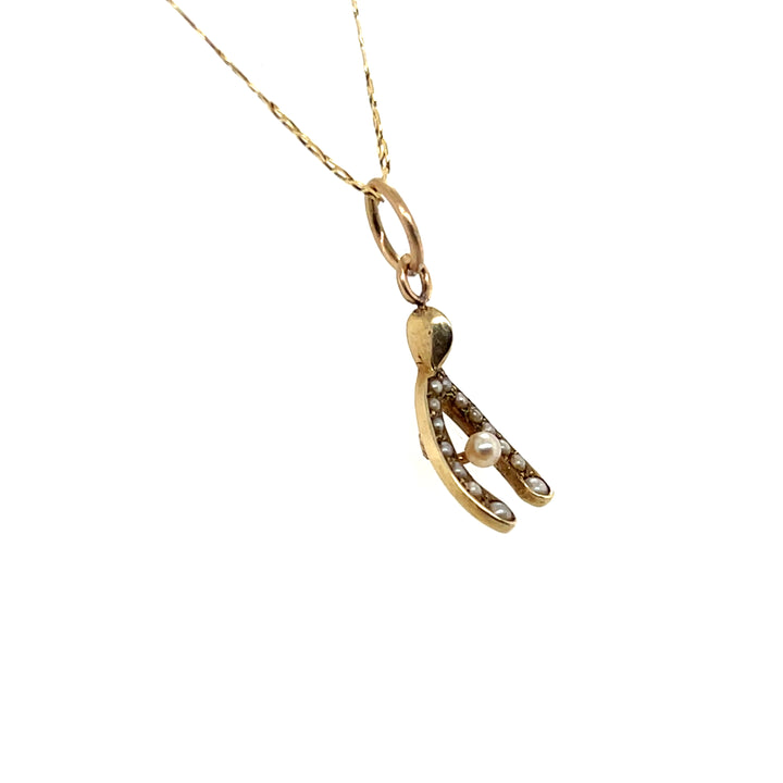 Estate 14k Yellow Gold Seed Pearl Wishbone Charm Pendant, H.A. Kirby, Edwardian Stick Pin Conversion