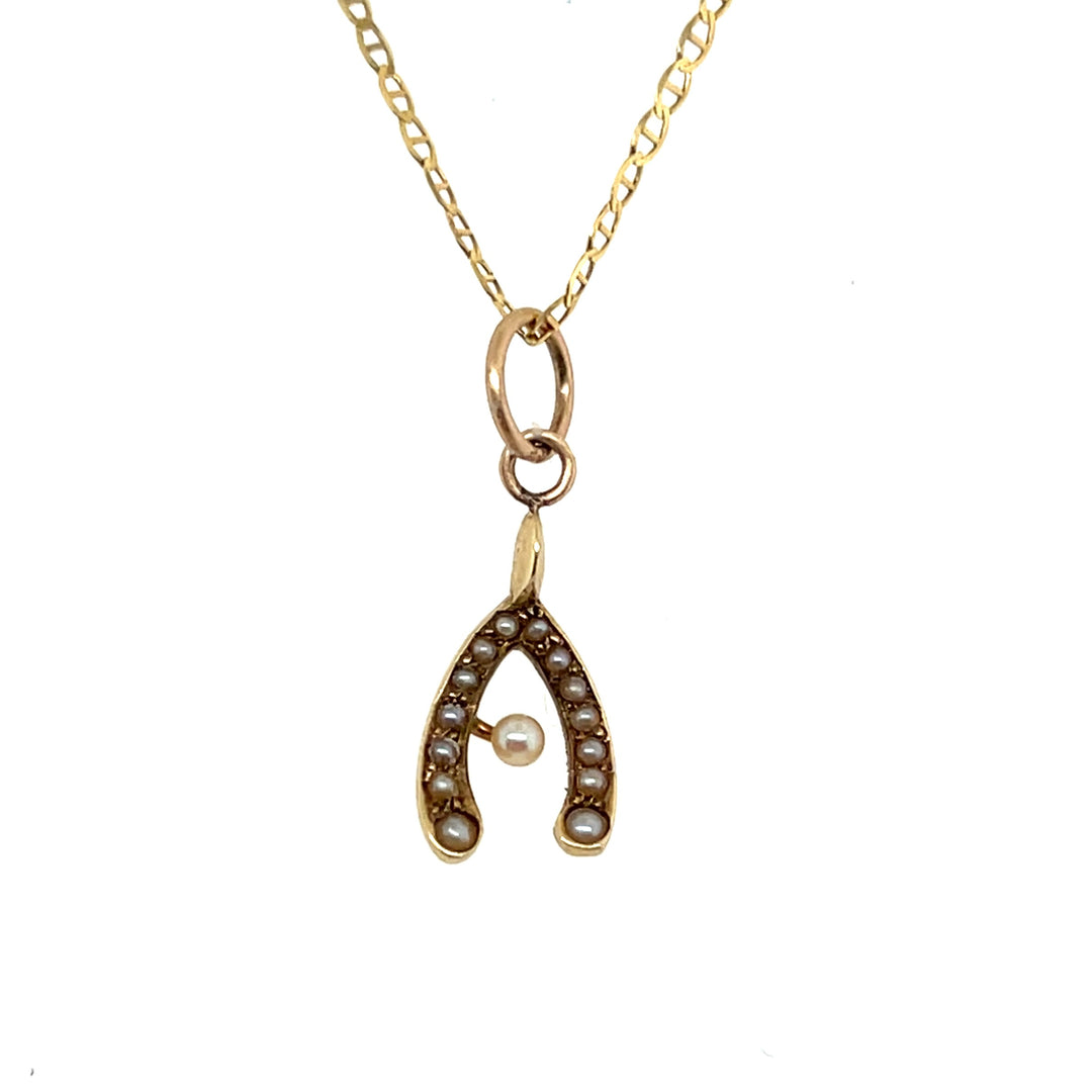 Estate 14k Yellow Gold Seed Pearl Wishbone Charm Pendant, H.A. Kirby, Edwardian Stick Pin Conversion