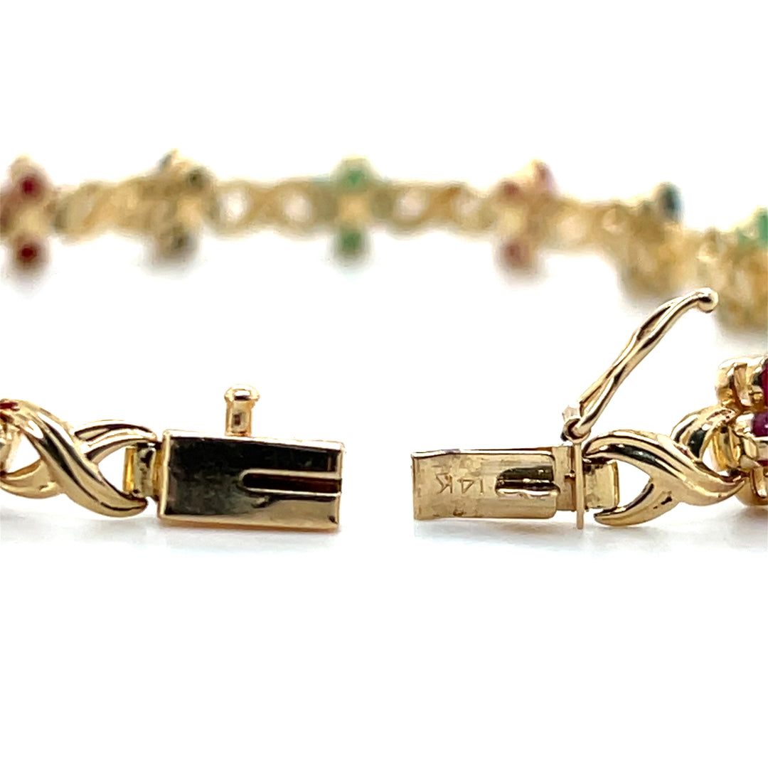 Estate 14K Yellow Gold Emerald, Sapphire, and Ruby Flower Link Bracelet