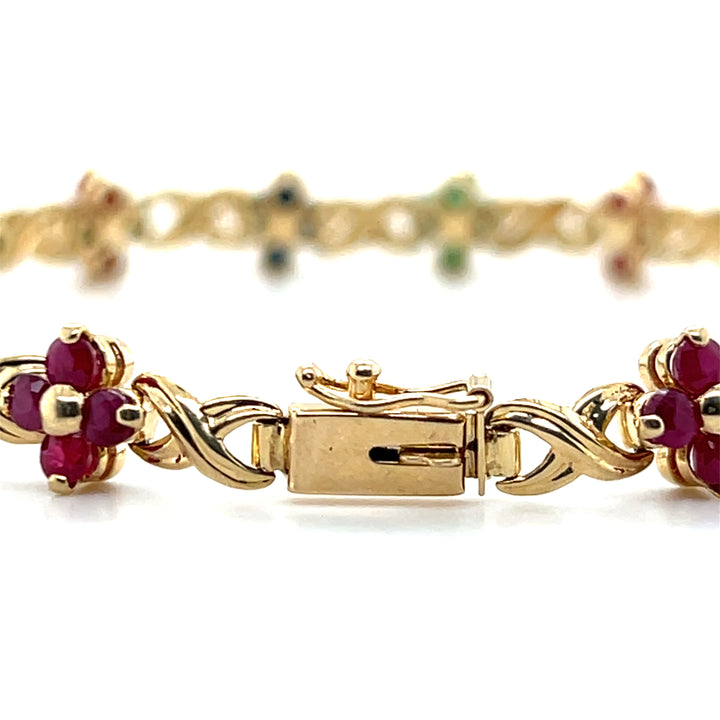 Estate 14K Yellow Gold Emerald, Sapphire, and Ruby Flower Link Bracelet