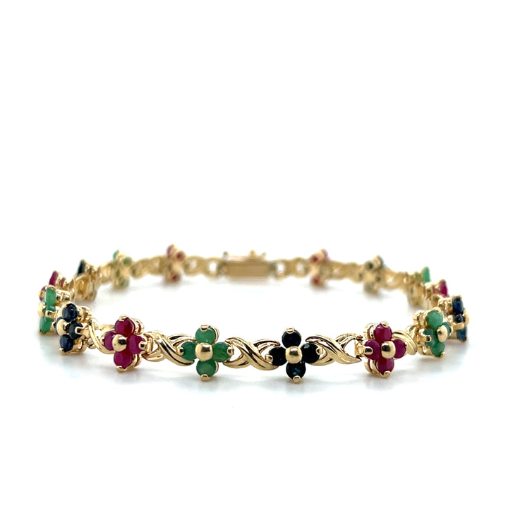 Estate 14K Yellow Gold Emerald, Sapphire, and Ruby Flower Link Bracelet