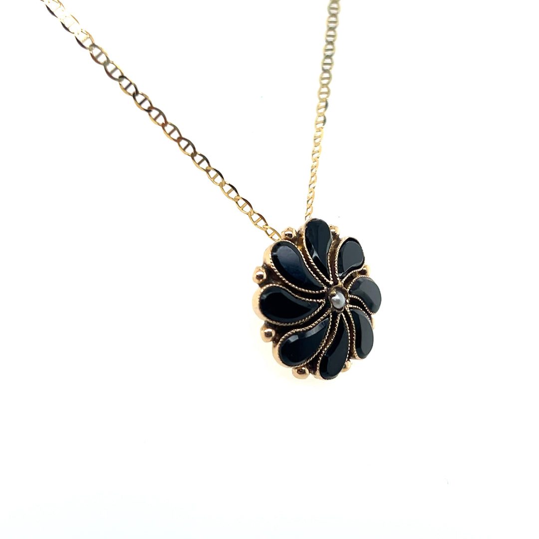 Estate 14k Yellow Gold Onyx and Seed Pearl Floral Pendant, Victorian Stick Pin Conversion