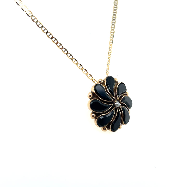 Estate 14k Yellow Gold Onyx and Seed Pearl Floral Pendant, Victorian Stick Pin Conversion