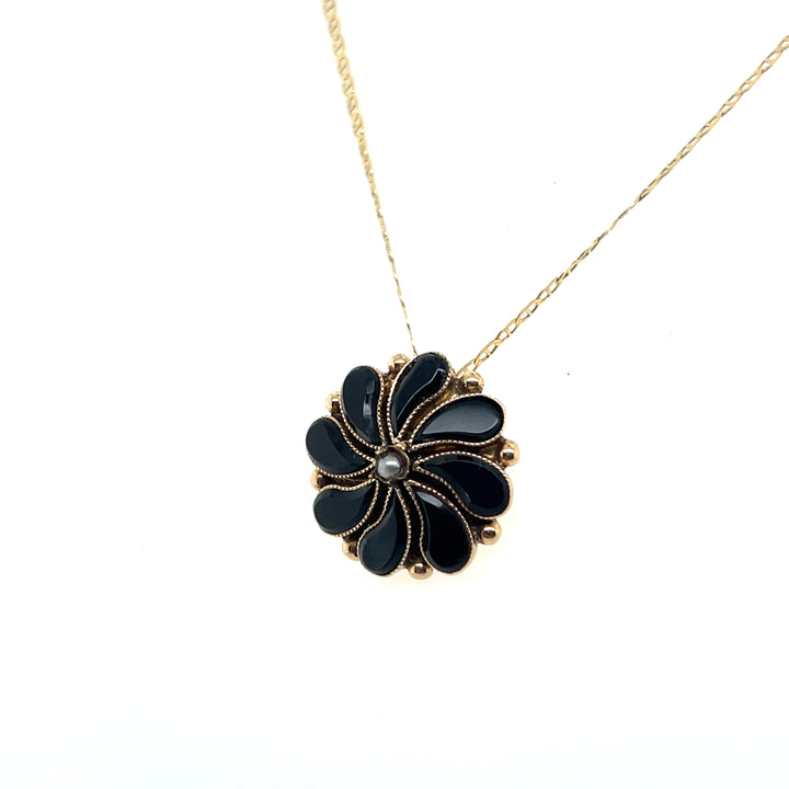 Estate 14k Yellow Gold Onyx and Seed Pearl Floral Pendant, Victorian Stick Pin Conversion