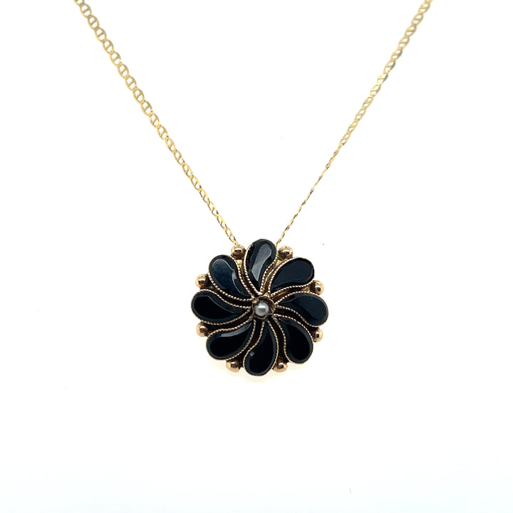 Estate 14k Yellow Gold Onyx and Seed Pearl Floral Pendant, Victorian Stick Pin Conversion