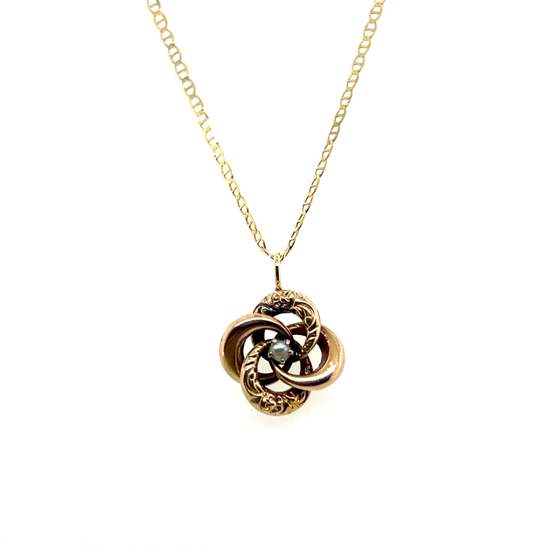 Estate 14k Yellow Gold Seed Pearl Knot Pendant, Edwardian Stick Pin Conversion