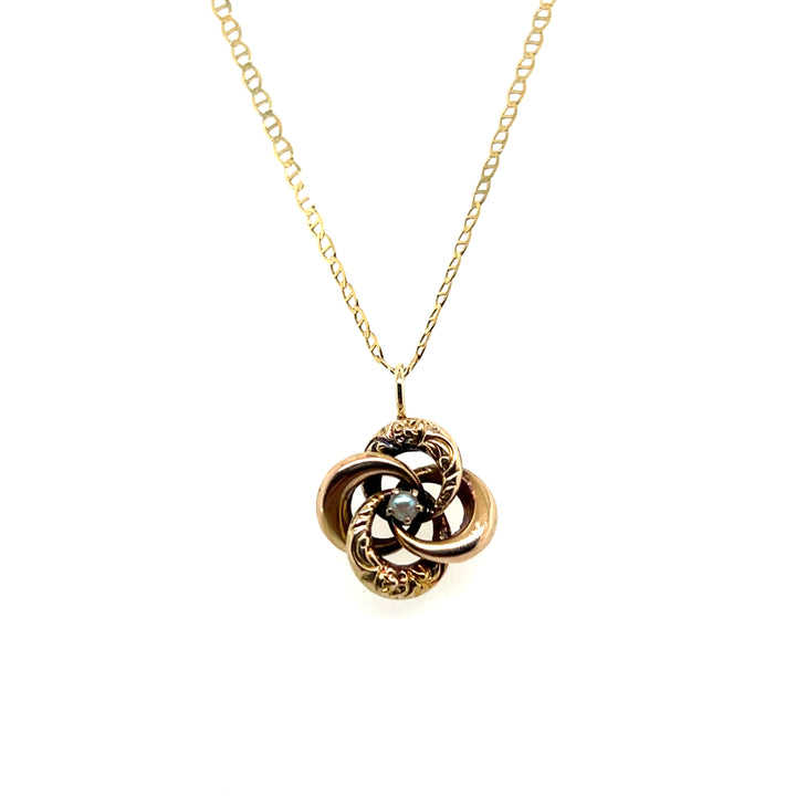 Estate 14k Yellow Gold Seed Pearl Knot Pendant, Edwardian Stick Pin Conversion