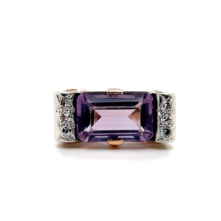Estate 14K Two Tone Gold 5.81CTW Emerald-Cut Amethyst & Diamond Vintage Ring