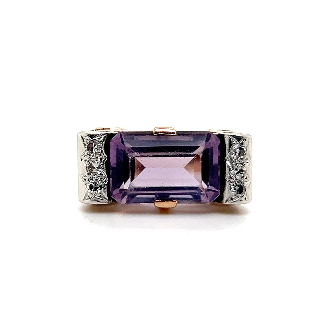 Estate 14K Two Tone Gold 5.81CTW Emerald-Cut Amethyst & Diamond Vintage Ring
