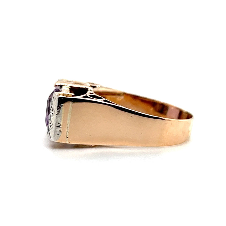 Estate 14K Two Tone Gold 5.81CTW Emerald-Cut Amethyst & Diamond Vintage Ring