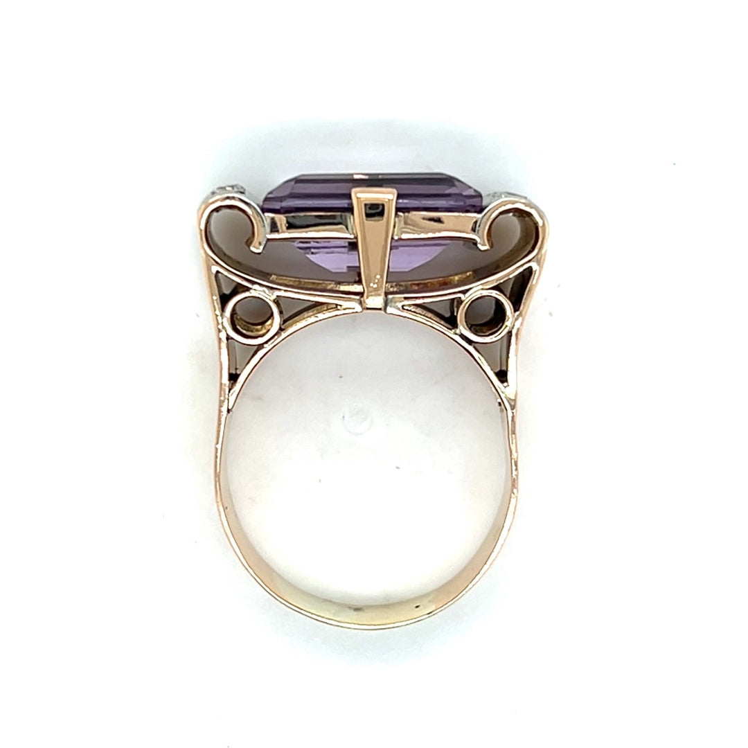 Estate 14K Two Tone Gold 5.81CTW Emerald-Cut Amethyst & Diamond Vintage Ring