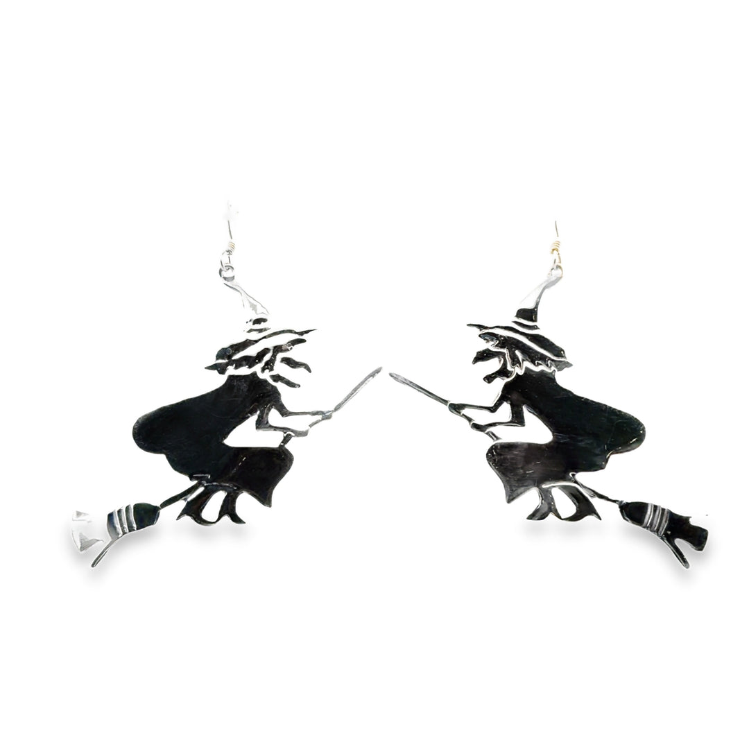 Estate Sterling Silver Witch on Broom Dangle Earrings