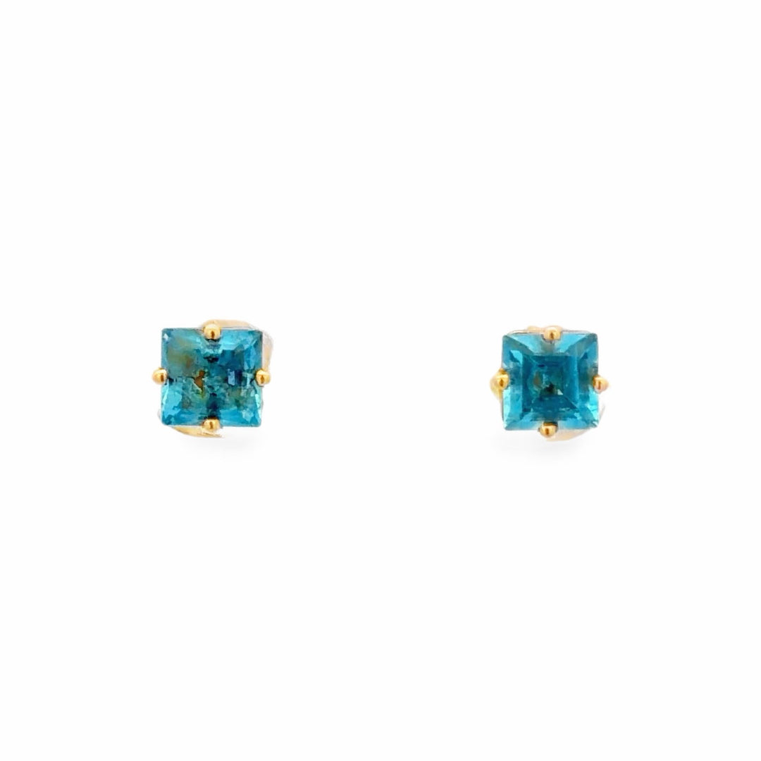 Estate 10K Yellow Gold Square Blue Topaz Stud Earrings 1.60CT TWT