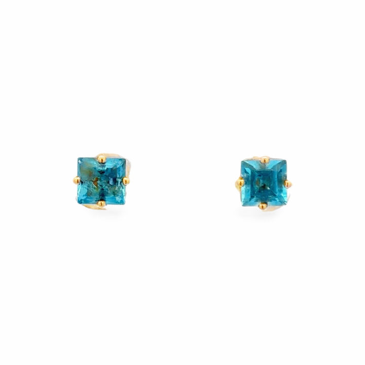 Estate 10K Yellow Gold Square Blue Topaz Stud Earrings 1.60CT TWT