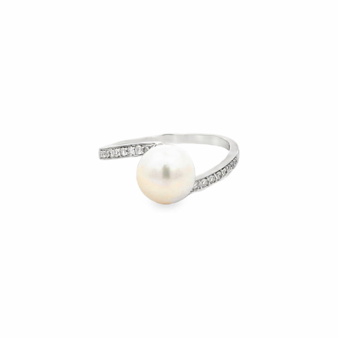 Estate EFFY 14K White Gold Pearl & Diamond Bypass Ring 0.16CT TWT Size 7