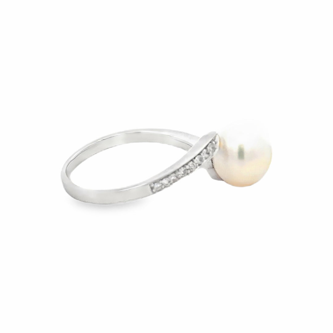 Estate 14K White Gold 8.10MM Pearl & Diamond Bypass Ring by Effy