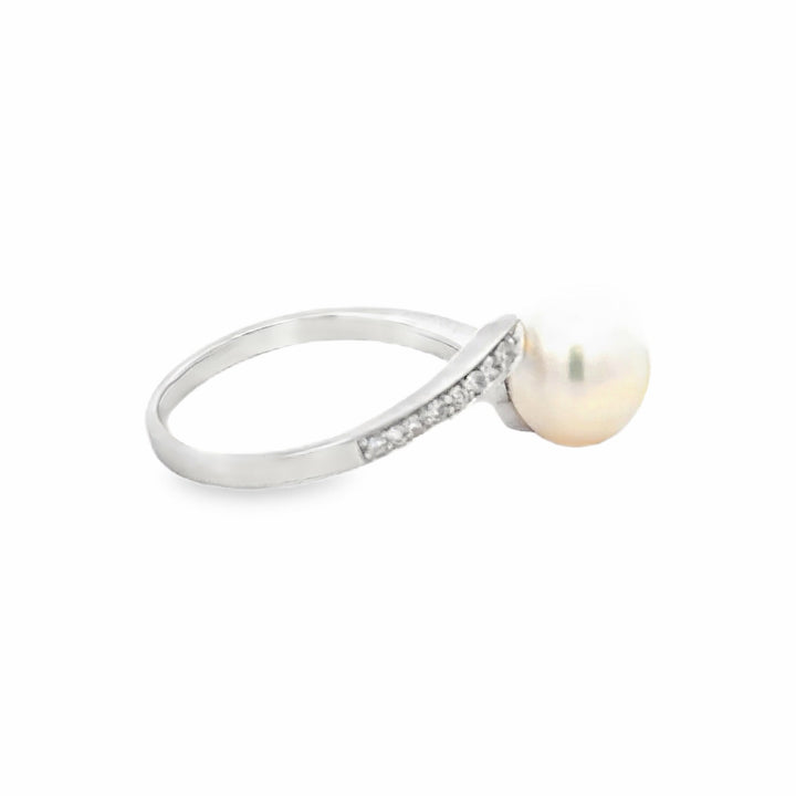 Estate EFFY 14K White Gold Pearl & Diamond Bypass Ring 0.16CT TWT Size 7