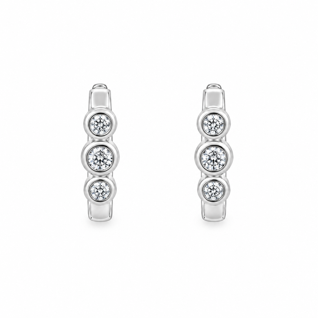 Estate 14K White Gold Bezel Set Three Stone Diamond Oval Hoop Earrings 0.36CT TWT