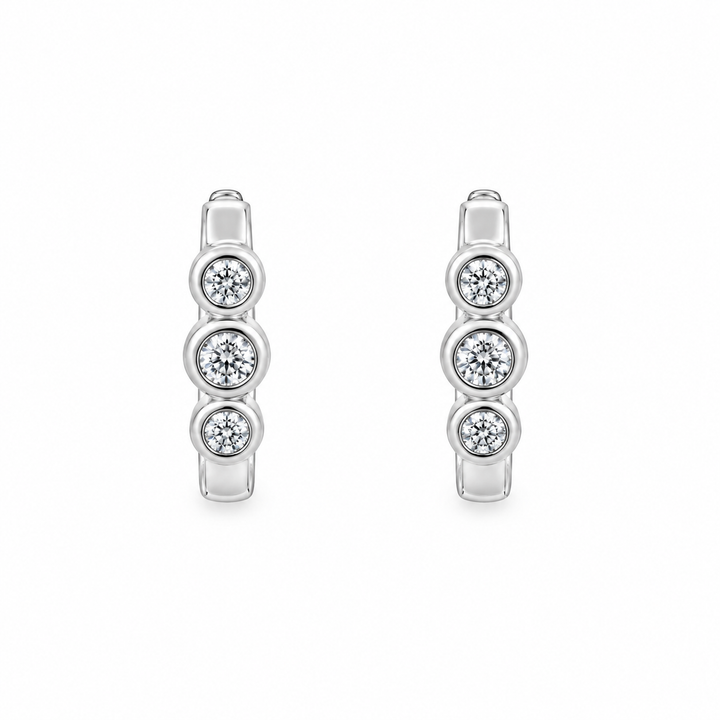 Estate 14K White Gold Bezel Set Three Stone Diamond Oval Hoop Earrings 0.36CT TWT