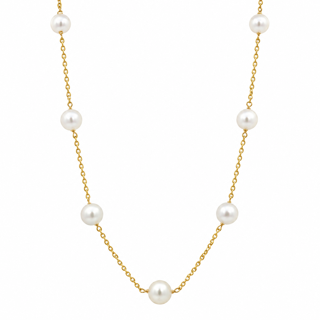 Estate 14K Yellow Gold Pearl Station Necklace 18"