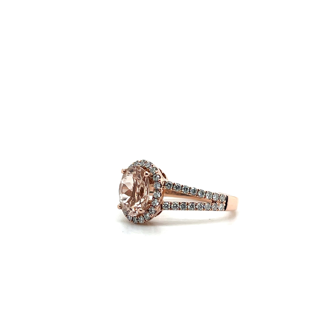 14K Rose Gold Morganite and Diamond Halo Ring, Contemporary