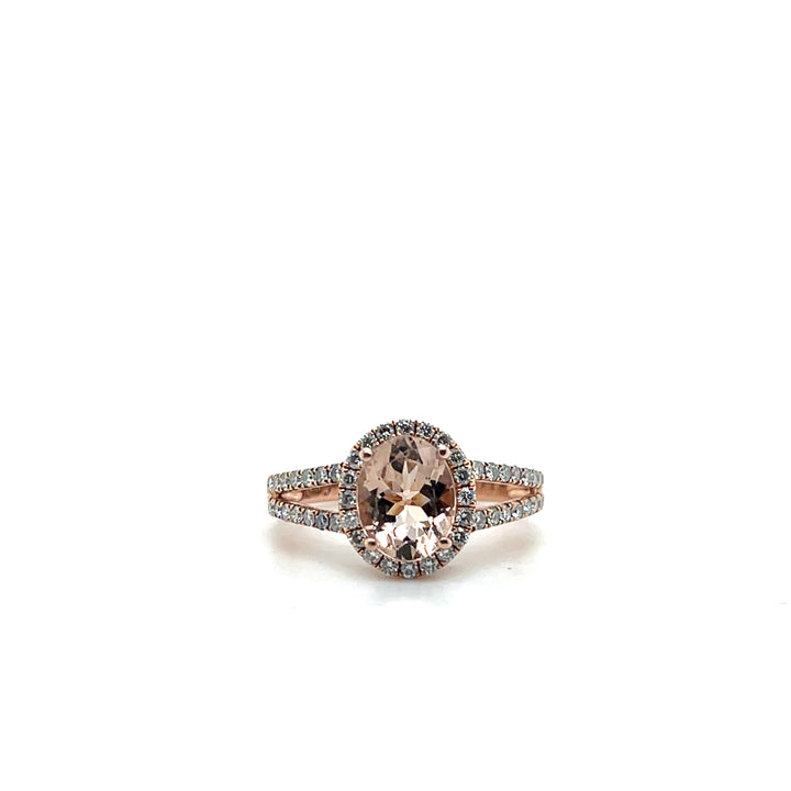 14K Rose Gold Morganite and Diamond Halo Ring, Contemporary