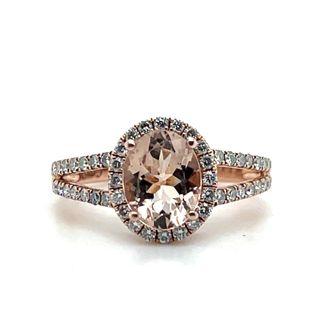 14K Rose Gold 2.08CTW Oval Morganite and Diamond Halo Ring