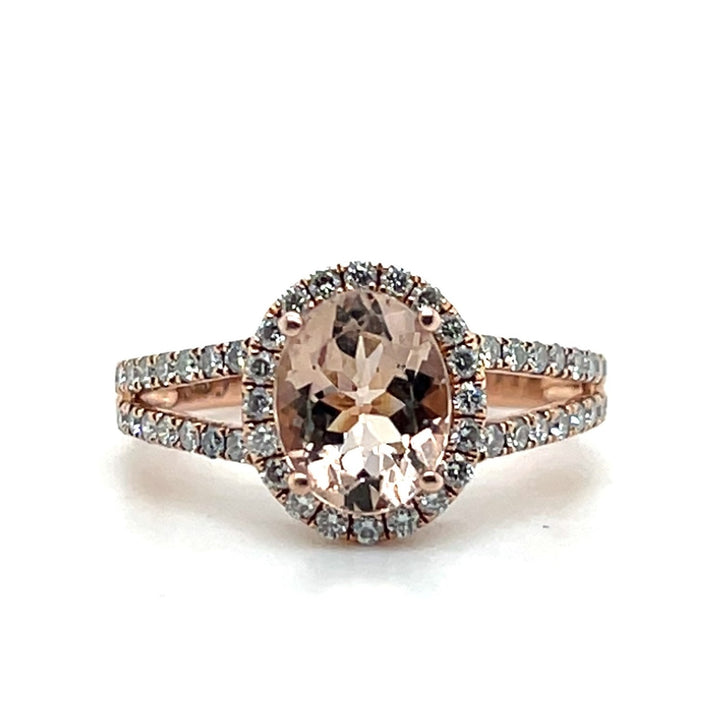 14K Rose Gold 2.08CTW Oval Morganite and Diamond Halo Ring