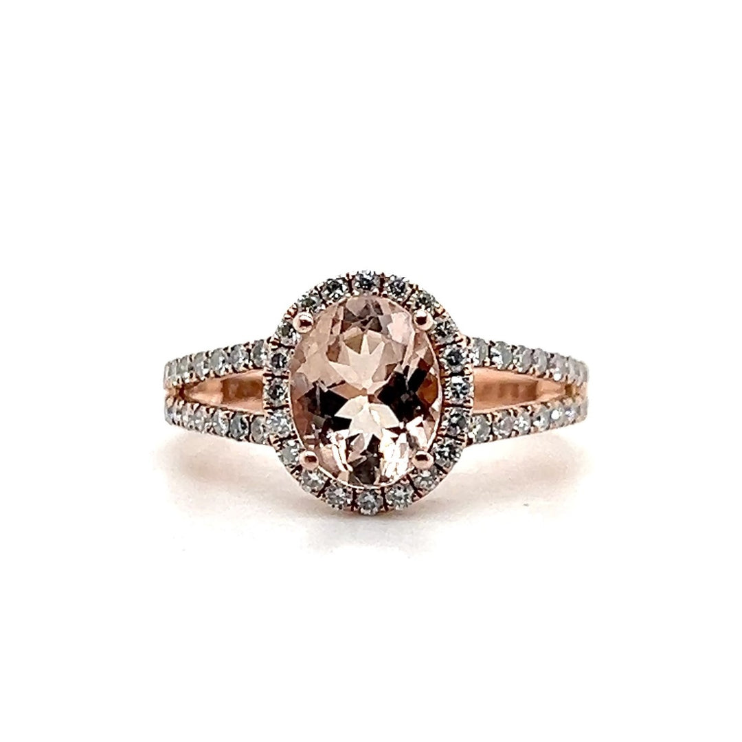 14K Rose Gold 2.08CTW Oval Morganite and Diamond Halo Ring